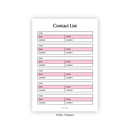 Contact List Pink - Premium Printable from Hello, Uniques Planner - Shop now at Hello, Uniques Planner