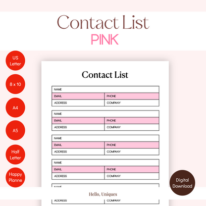 Contact List Pink - Premium Printable from Hello, Uniques Planner - Shop now at Hello, Uniques Planner
