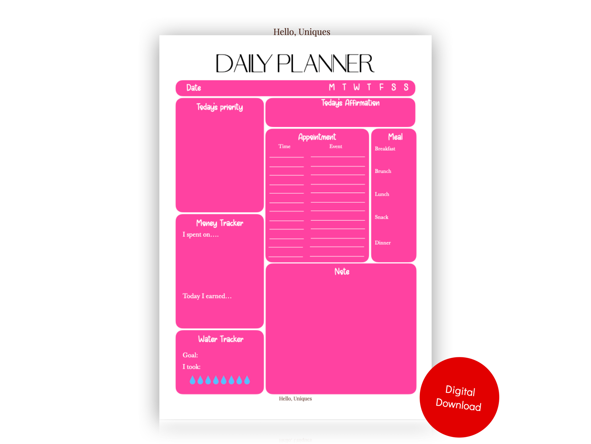 Pop Up Neon Pink Daily Planner - Premium Printable from Hello, Uniques Planner - Shop now at Hello, Uniques Planner