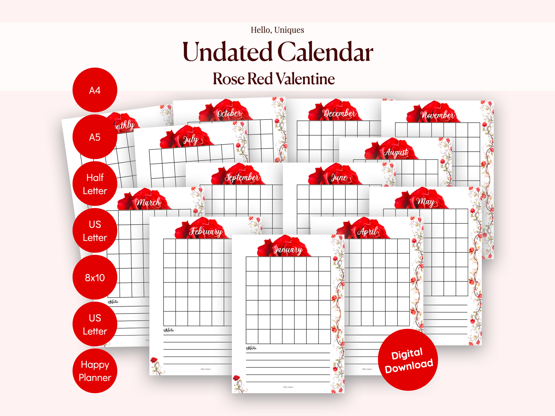 Red Rose Valentine Undated Calendar - Premium Printable from Hello, Uniques Planner - Shop now at Hello, Uniques Planner
