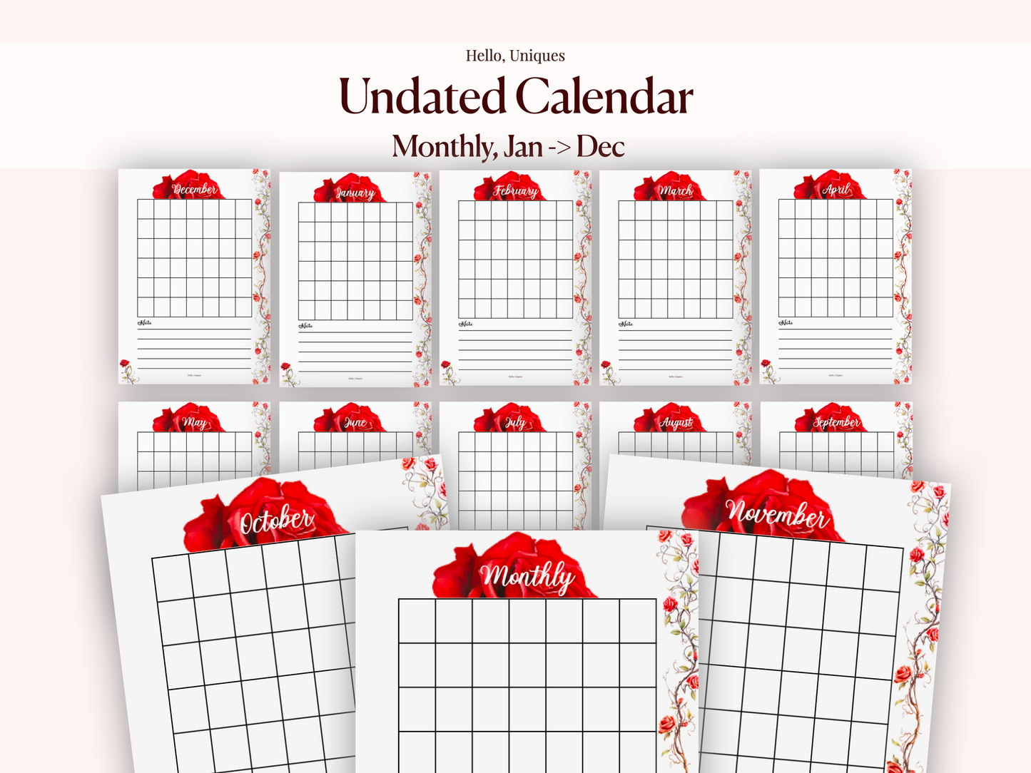 Red Rose Valentine Undated Calendar - Premium Printable from Hello, Uniques Planner - Shop now at Hello, Uniques Planner