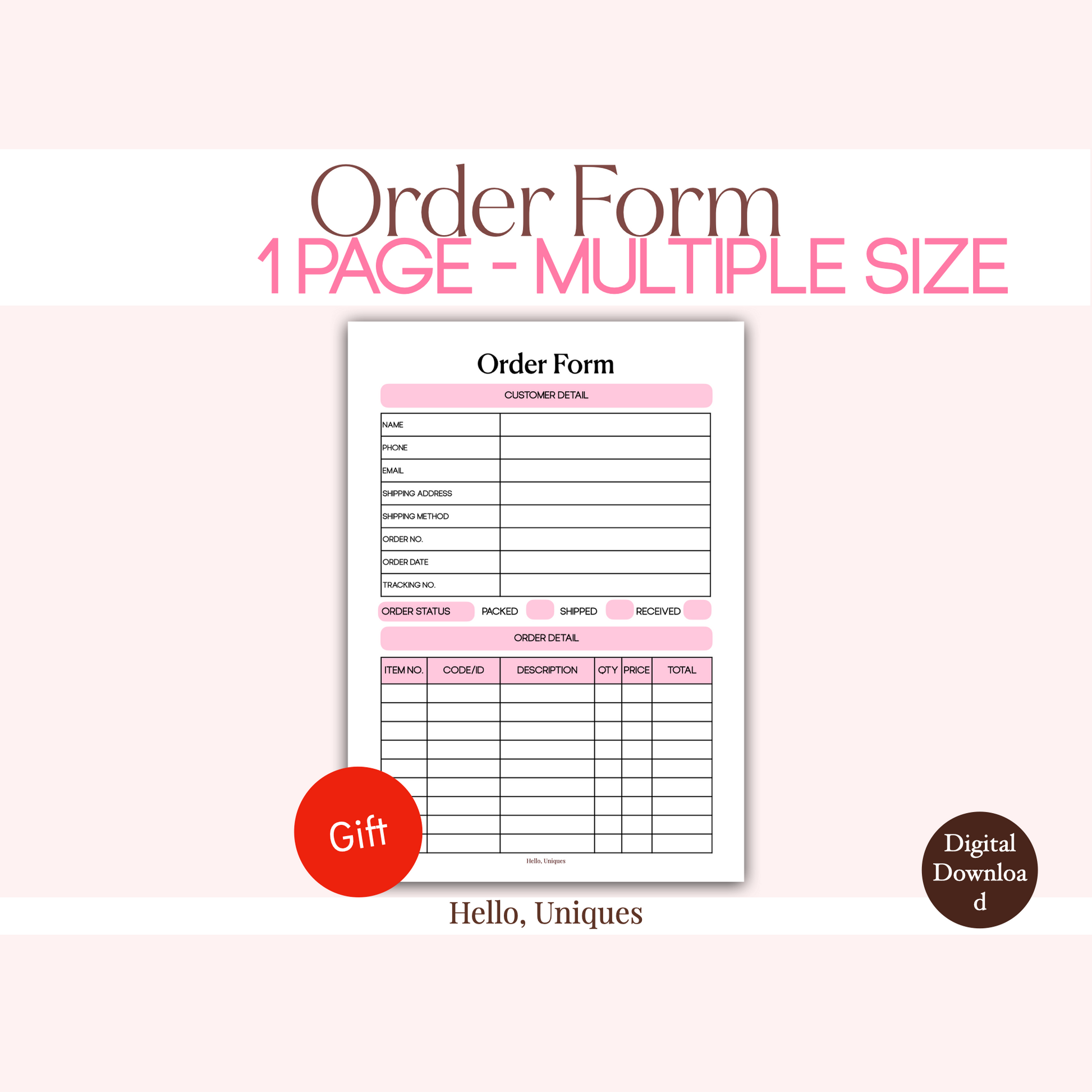 Pink Order Form - Premium Printable from Hello, Uniques Planner - Shop now at Hello, Uniques Planner