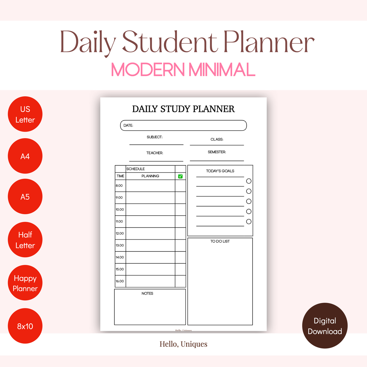 Daily Student Planner - Modern Minimal - Premium Printable from Hello, Uniques Planner - Shop now at Hello, Uniques Planner
