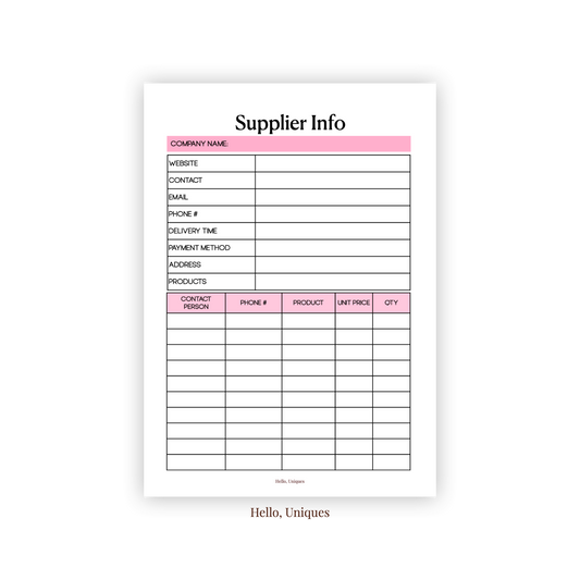 Supplier Info 1.0 - Pink - Premium Printable from Hello, Uniques Planner - Shop now at Hello, Uniques Planner