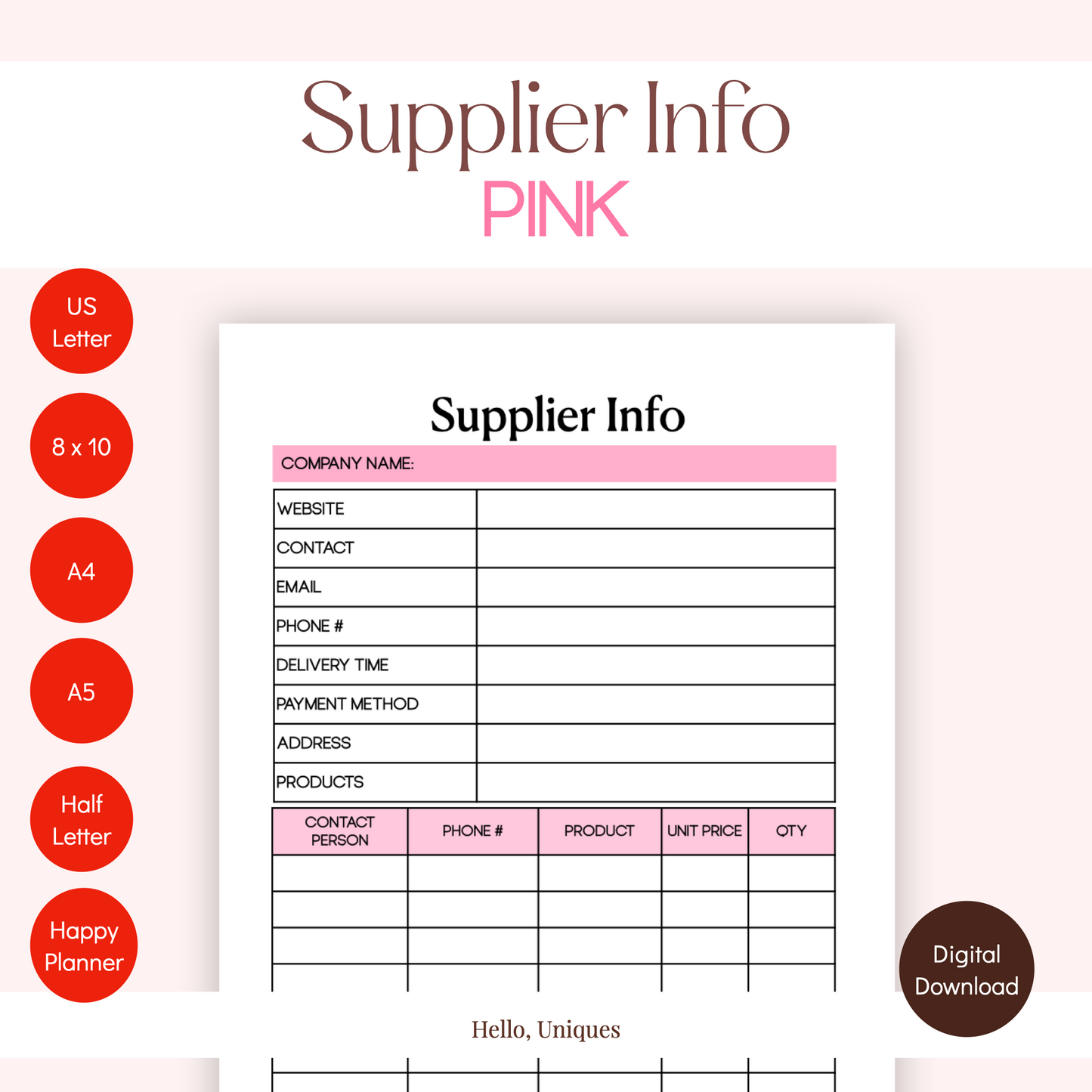 Supplier Info 1.0 - Pink - Premium Printable from Hello, Uniques Planner - Shop now at Hello, Uniques Planner