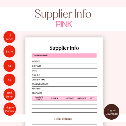 Supplier Info 1.1 - Pink - Premium Printable from Hello, Uniques Planner - Shop now at Hello, Uniques Planner