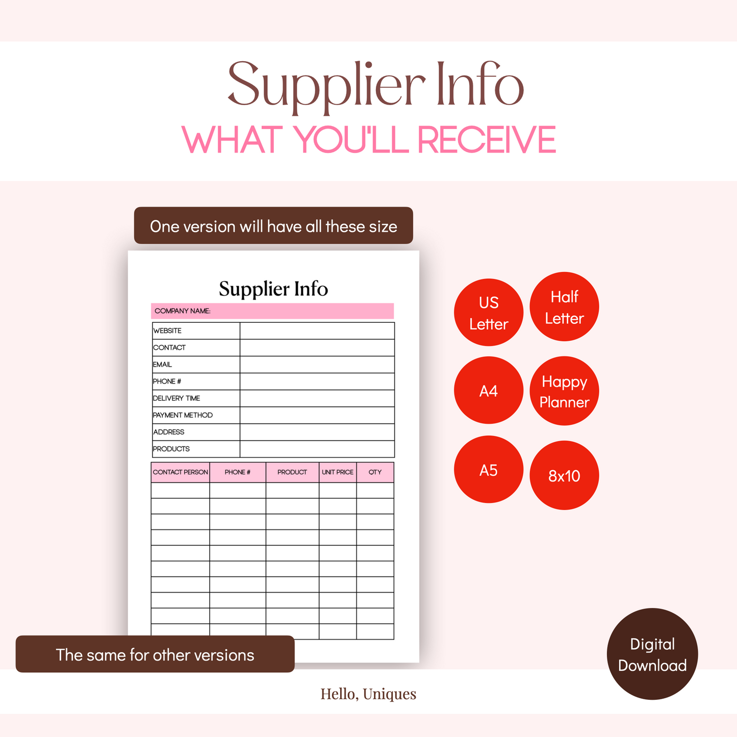 Supplier Info - Premium Printable from Hello, Uniques Planner - Shop now at Hello, Uniques Planner