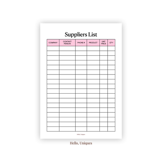 Supplier List - Pink - Premium Printable from Hello, Uniques Planner - Shop now at Hello, Uniques Planner